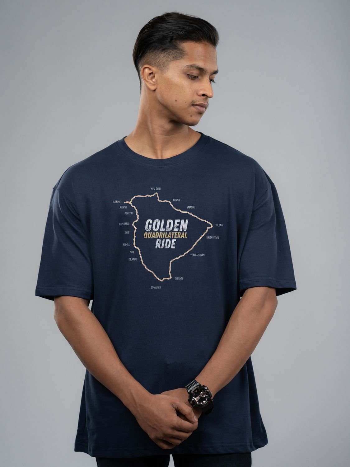 Roads to India® Men’s Travel T-Shirt – 100% Cotton Golden Quadrilateral Ride Graphic Tee | Unisex Regular & Oversized Fit| 180/220 GSM | Half Sleeve | S–5XL | Black, Navy Blue, Red, Olive Green