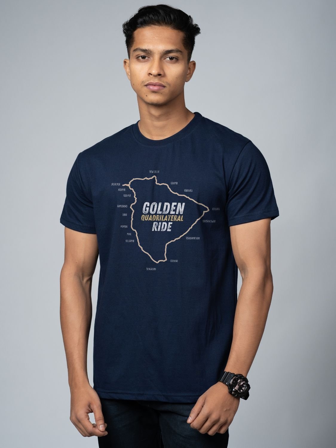 Roads to India® Men’s Travel T-Shirt – 100% Cotton Golden Quadrilateral Ride Graphic Tee | Unisex Regular & Oversized Fit| 180/220 GSM | Half Sleeve | S–5XL | Black, Navy Blue, Red, Olive Green