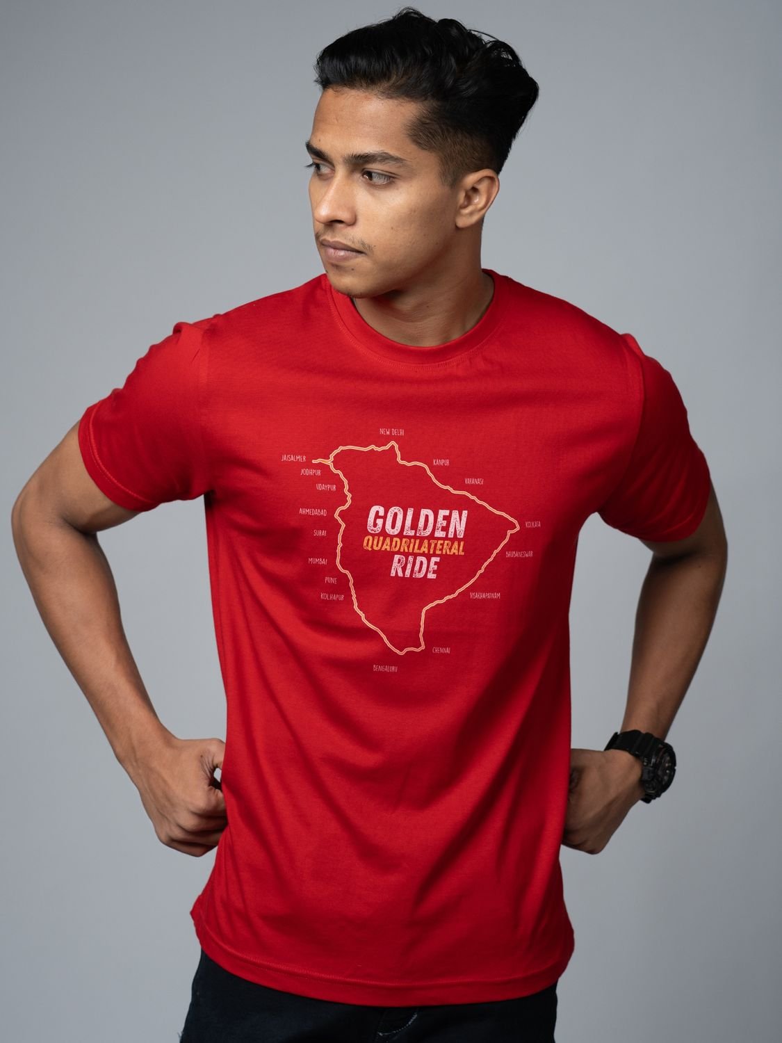 Roads to India® Men’s Travel T-Shirt – 100% Cotton Golden Quadrilateral Ride Graphic Tee | Unisex Regular & Oversized Fit| 180/220 GSM | Half Sleeve | S–5XL | Black, Navy Blue, Red, Olive Green