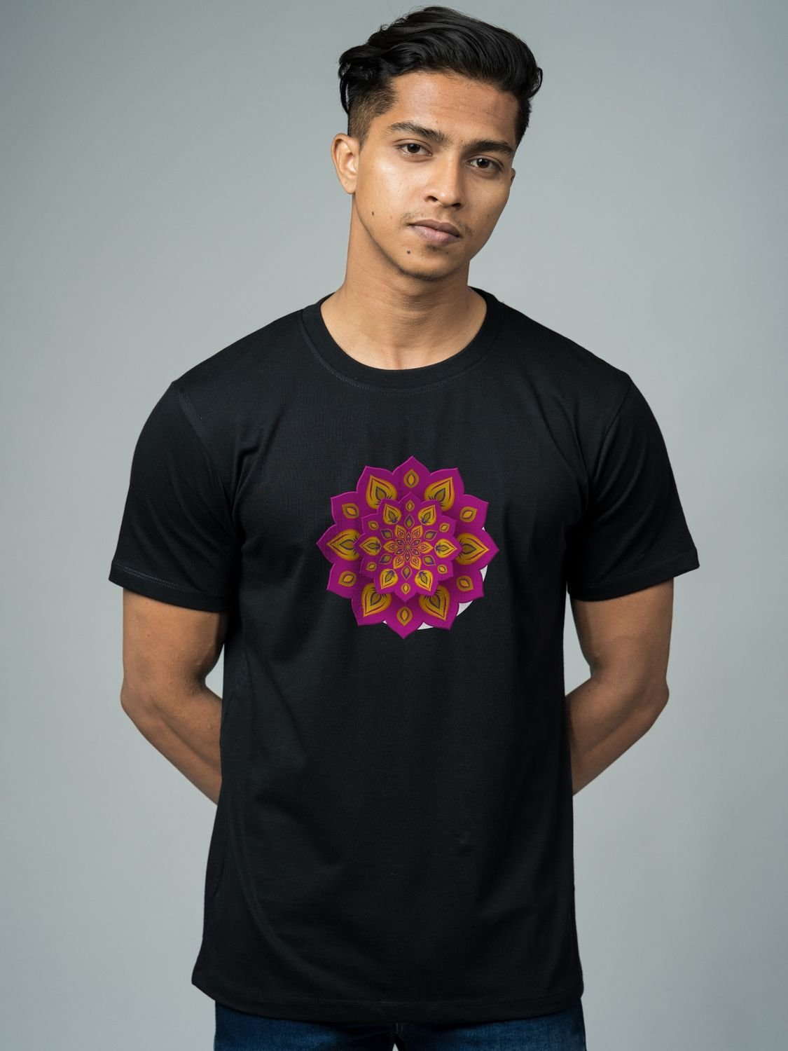 Roads to India® T-Shirt for Men – 100% Cotton Rangoli Half Sleeve Round Neck Graphic Print Tee | Unisex Regular & Oversized Fit | 180/220 GSM | S–5XL | Black, Navy Blue, Olive Green, Yellow, White