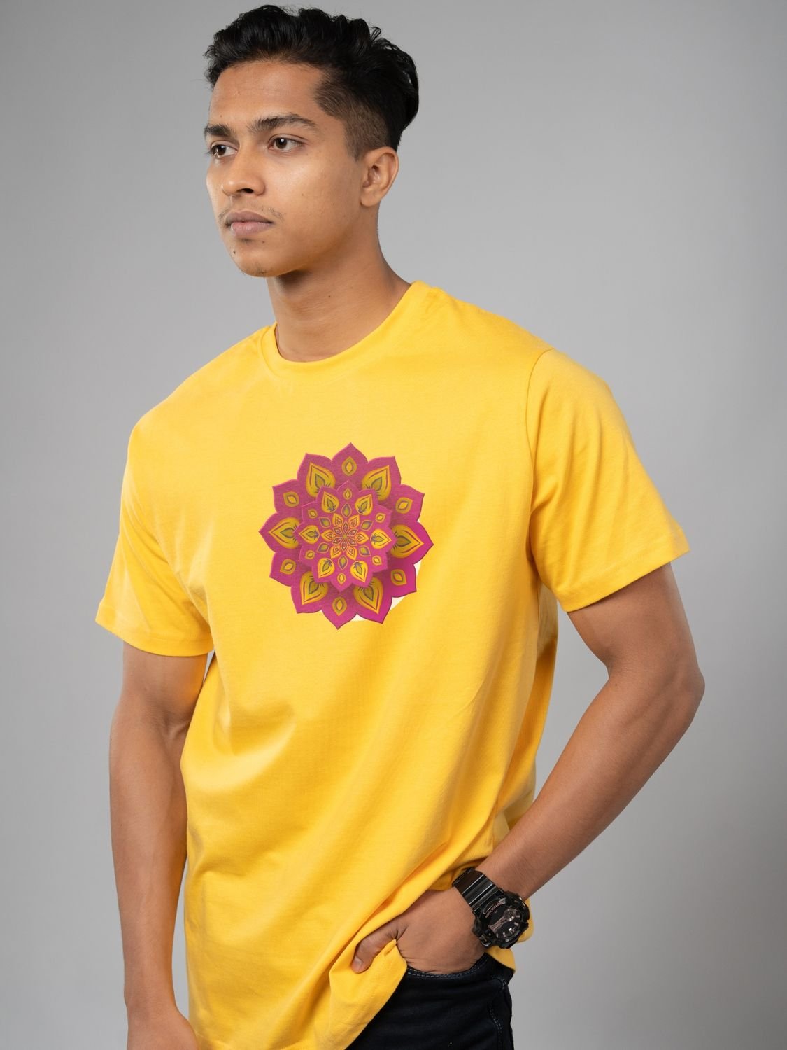 Roads to India® T-Shirt for Men – 100% Cotton Rangoli Half Sleeve Round Neck Graphic Print Tee | Unisex Regular & Oversized Fit | 180/220 GSM | S–5XL | Black, Navy Blue, Olive Green, Yellow, White
