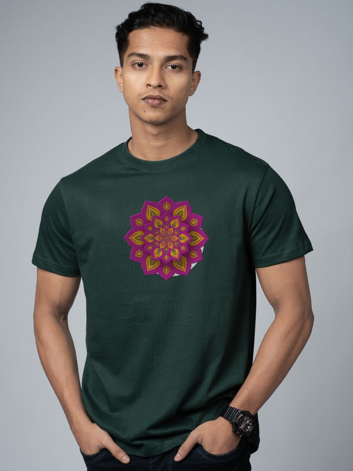 Roads to India® T-Shirt for Men – 100% Cotton Rangoli Half Sleeve Round Neck Graphic Print Tee | Unisex Regular & Oversized Fit | 180/220 GSM | S–5XL | Black, Navy Blue, Olive Green, Yellow, White