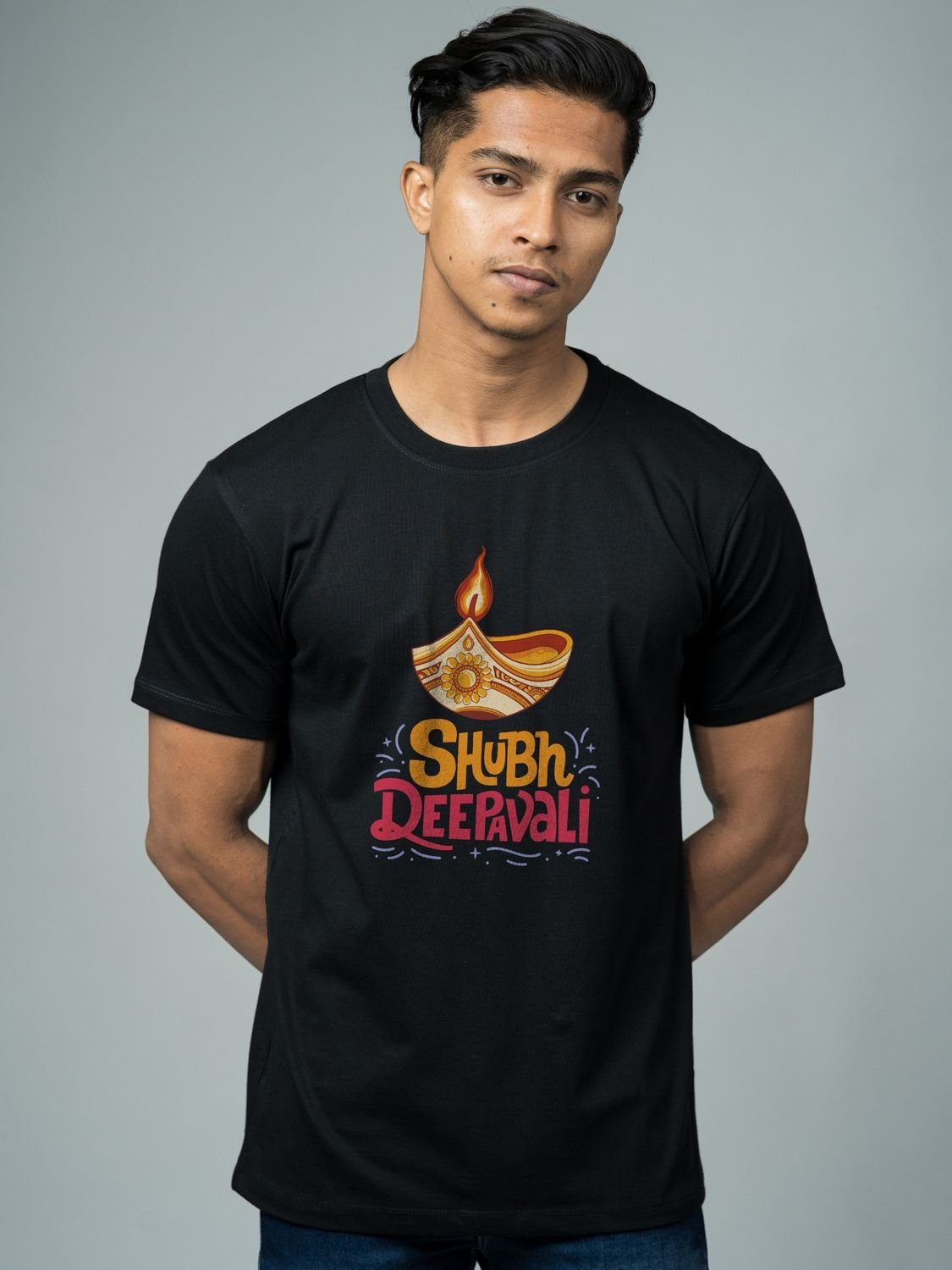 Roads to India® T-Shirt for Men – 100% Cotton Shubh Deepavali Half Sleeve Round Neck Graphic Print Tee | Unisex Regular & Oversized Fit | 180/220 GSM | S–5XL | Black, Navy Blue