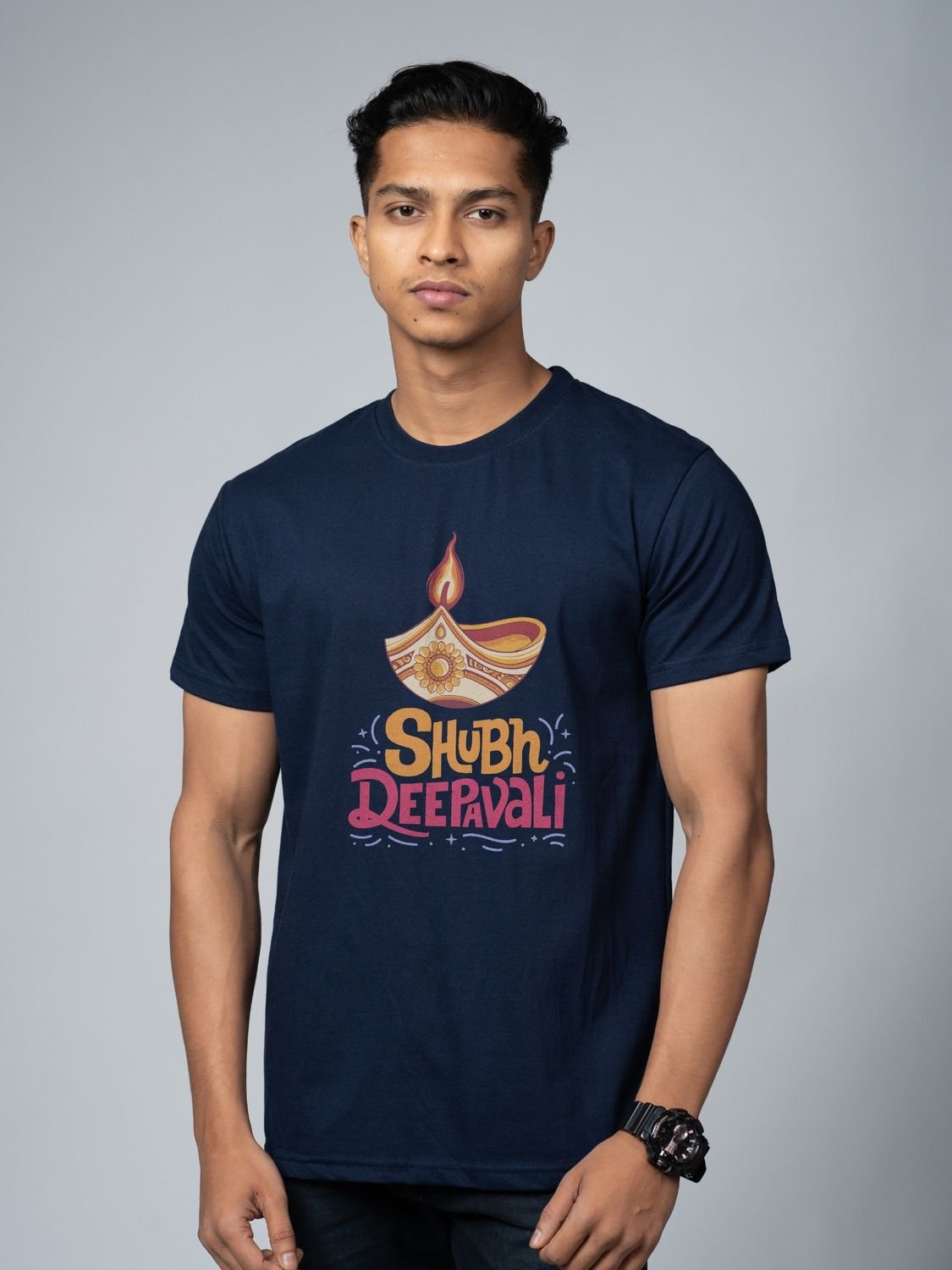 Roads to India® T-Shirt for Men – 100% Cotton Shubh Deepavali Half Sleeve Round Neck Graphic Print Tee | Unisex Regular & Oversized Fit | 180/220 GSM | S–5XL | Black, Navy Blue