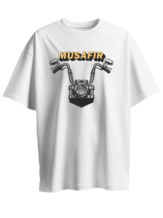 Roads to India® T-Shirt for Men – 100% Cotton Musafir Half Sleeve Round Neck Graphic Print Tee | Unisex Regular & Oversized Fit | 180/220 GSM | S–5XL | White