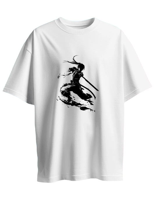 Roads to India® Pure Cotton Casual T-Shirt – Anime Samurai Graphic Tee | Unisex Fit (Regular & Oversized) | 180/220 GSM | Half Sleeve, Round Neck | S–5XL | White