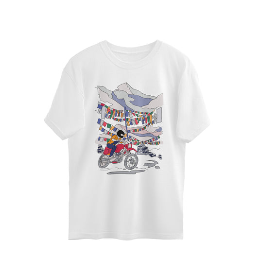 Roads to India Travel Tees - Ladakh Motorcycle Adventure Unisex Oversized T-Shirts - Half Sleeve Crew Neck - 100% Combed Cotton, Sustainable Ink Print, BioWashed, Side-Seamed, Graphic Printed