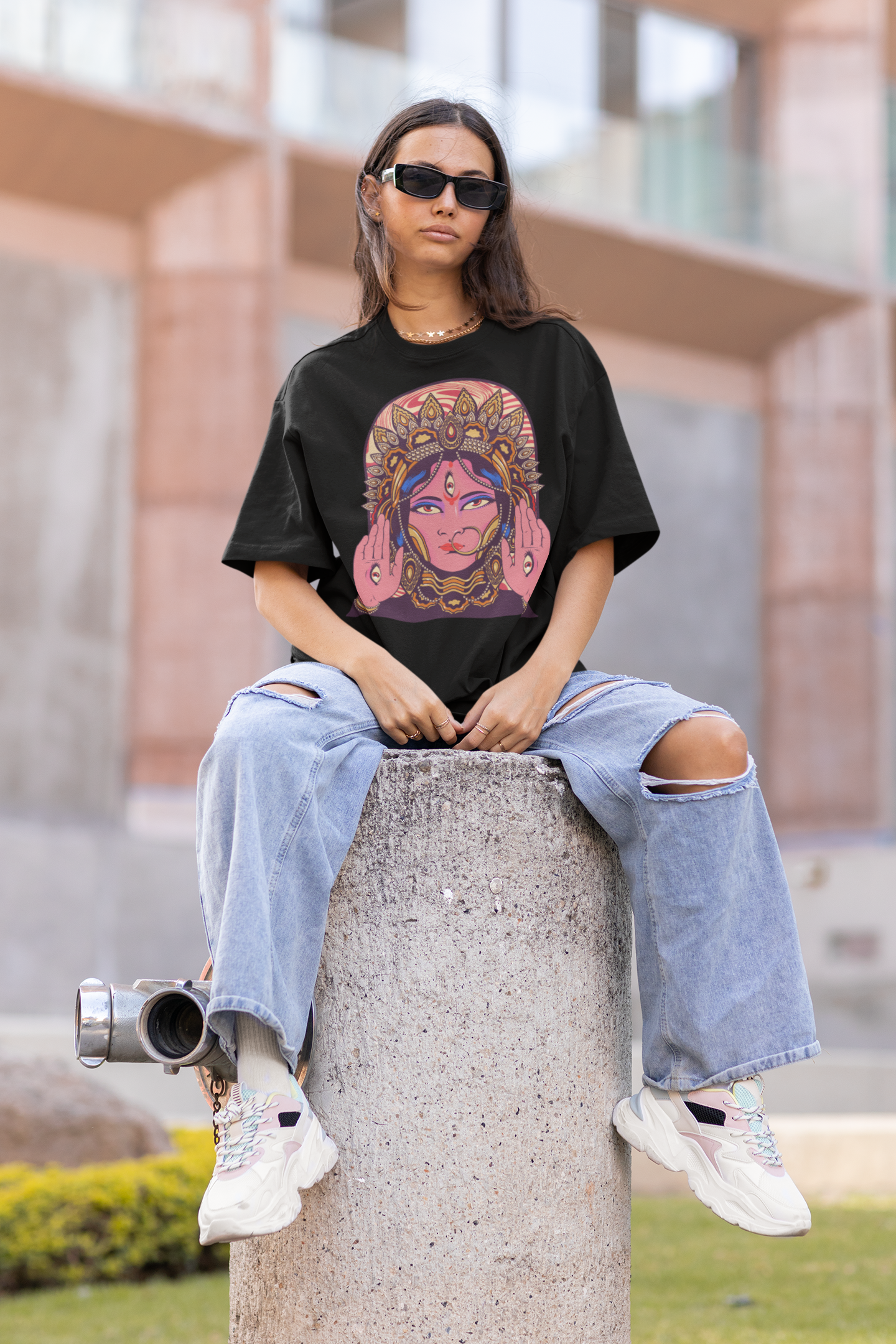 Maa Durga Illustration Hinduism Themed - Oversized T- Shirt - 100% Organic Cotton - low carbon footprint - Limited Edition - Exclusive Agomoni collection by Roads To India