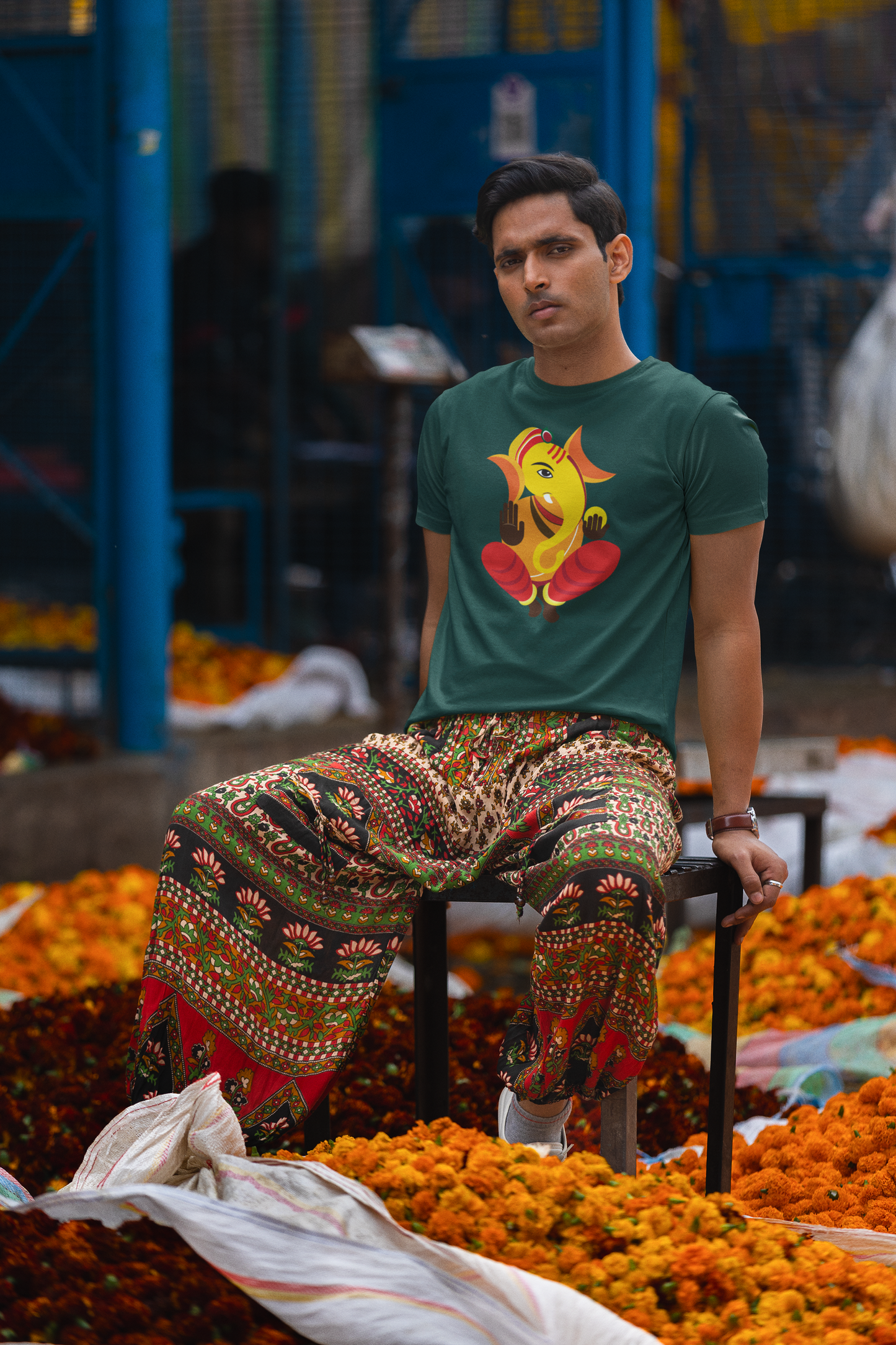 Ganesh Illustration - Exclusive Sitting Lord Ganesha -100% combed Organic cotton - Premium Quality - Unisex T shirt - Exclusive Design -  Enjoy Ganesh Chaturthi With Roads To India